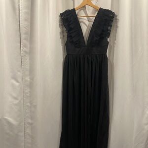 Lulus - Black Mesh Ruffled Backless Maxi Dress